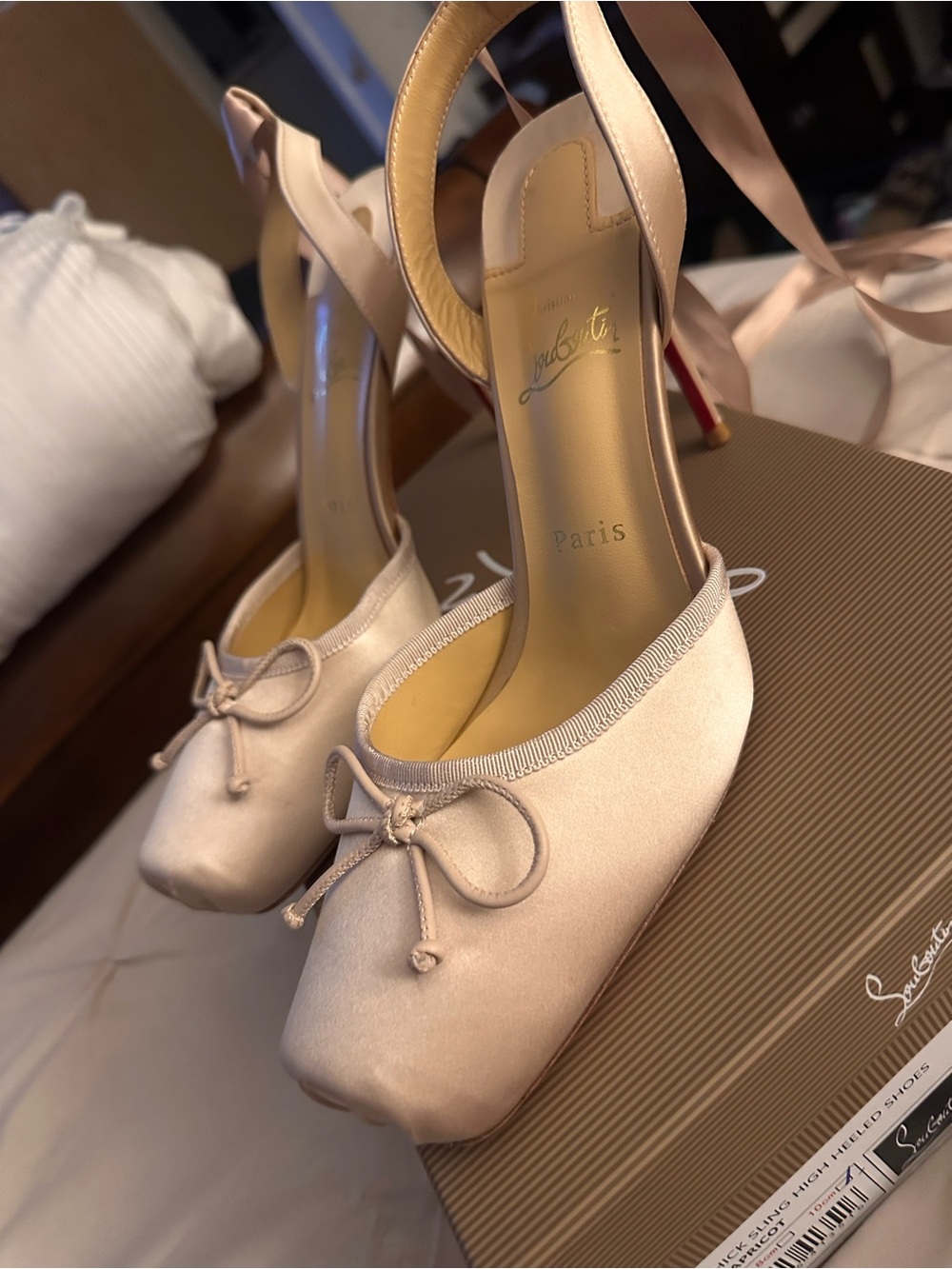 Christian Louboutin Blush Satin Ankle-Tie Ballet Pumps - Picture 2 of 8